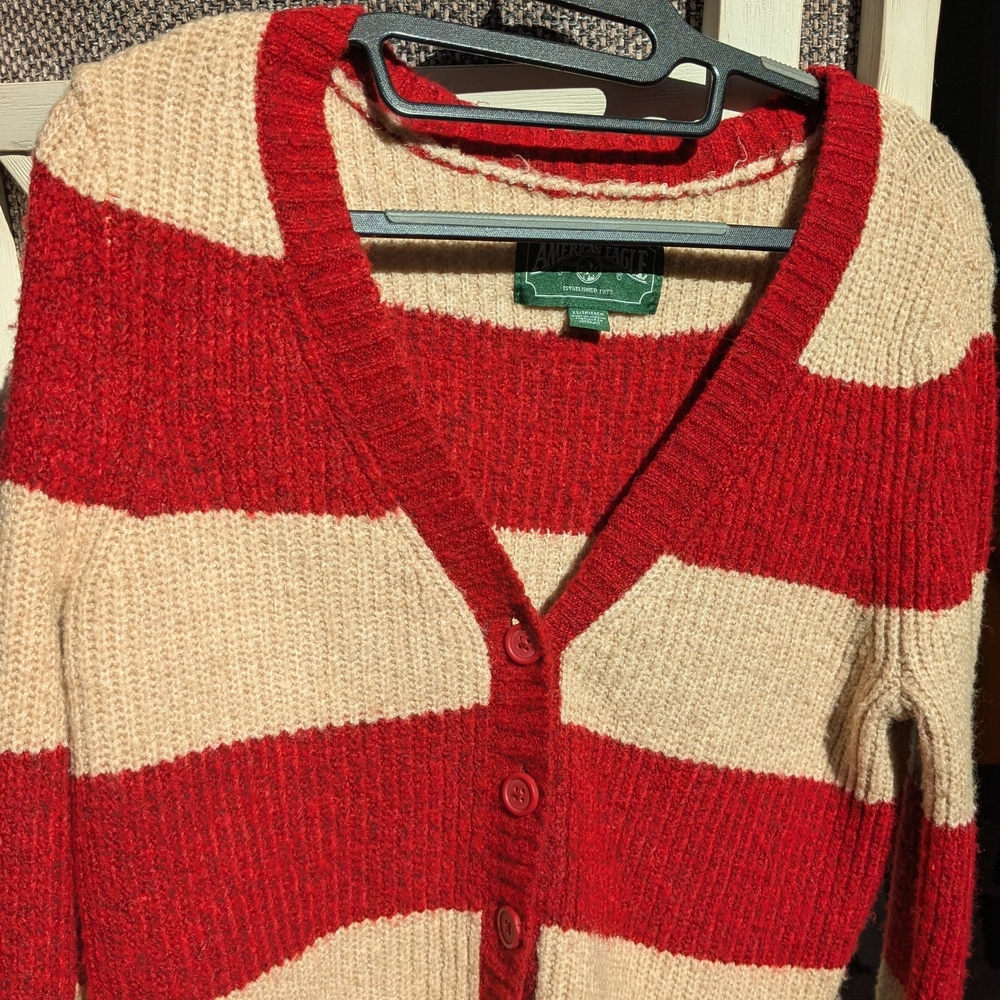 American Eagle Outfitters Red and Cream Striped Cardigan